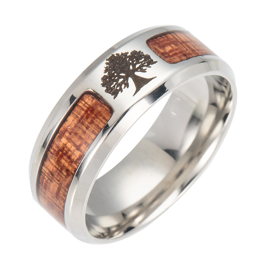 Asgard Handcrafted Stainless Steel Celtic Tree Of Life And Wood Inset Wedding Ring