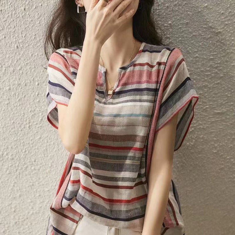 New Striped Women's Short Sleeve Loose Shirt