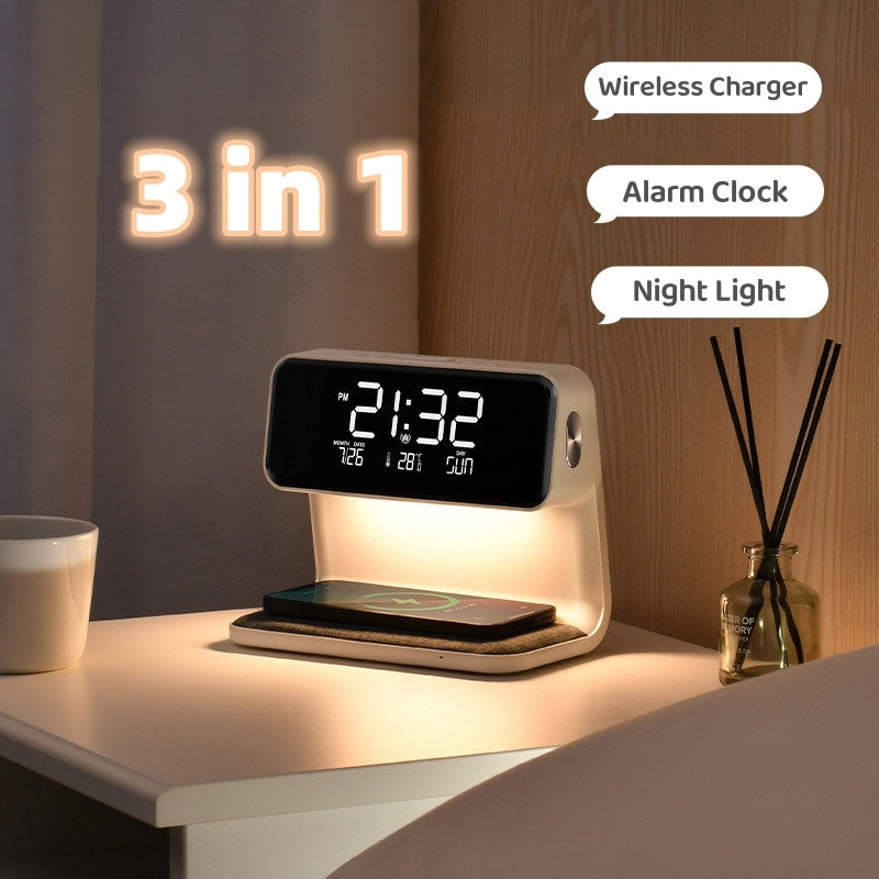 Creative 3-in-1 Bedside Lamp, Wireless Phone Charger, LCD Screen Alarm Clock