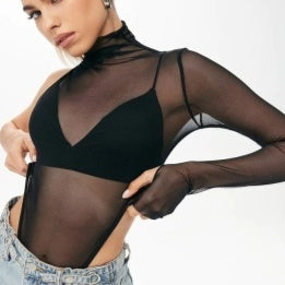 Women's Sheer Long Sleeve One-shoulder Top