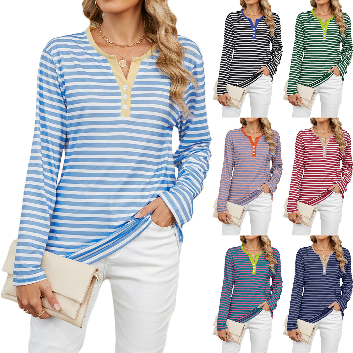 Women's V-neck Striped Loose Long-sleeved T-shirt