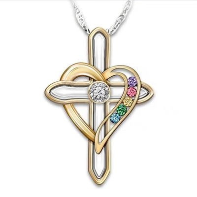 Cross Love Colorful Imitation Gemstone Pendant Alloy Clavicle Chain