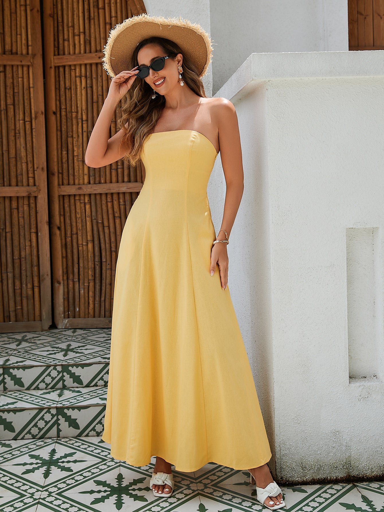 Women's Strapless Linen Maxi Dress