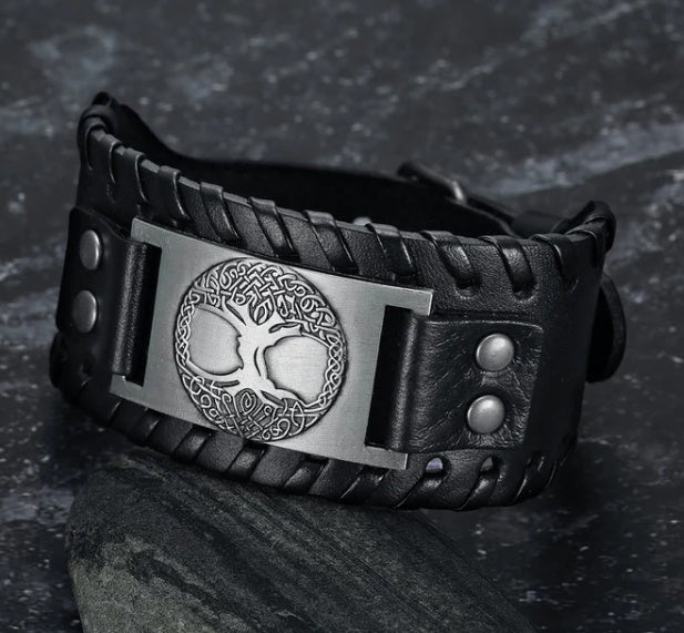 Asgard Crafted Leather Buckle Arm Cuff with Metal Celtic Tree Of Life Design