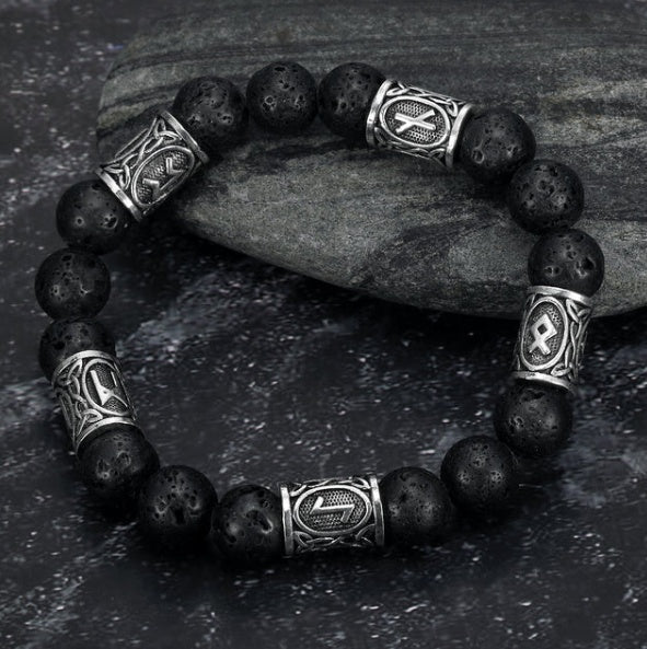 Asgard Crafted Silver Rune and Black Lava Stone Bracelet