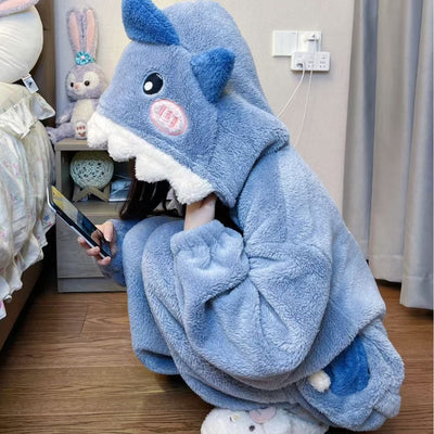 Sweet Cute Shark Hooded Coral Velvet Pajamas, Fleece Lined Padded