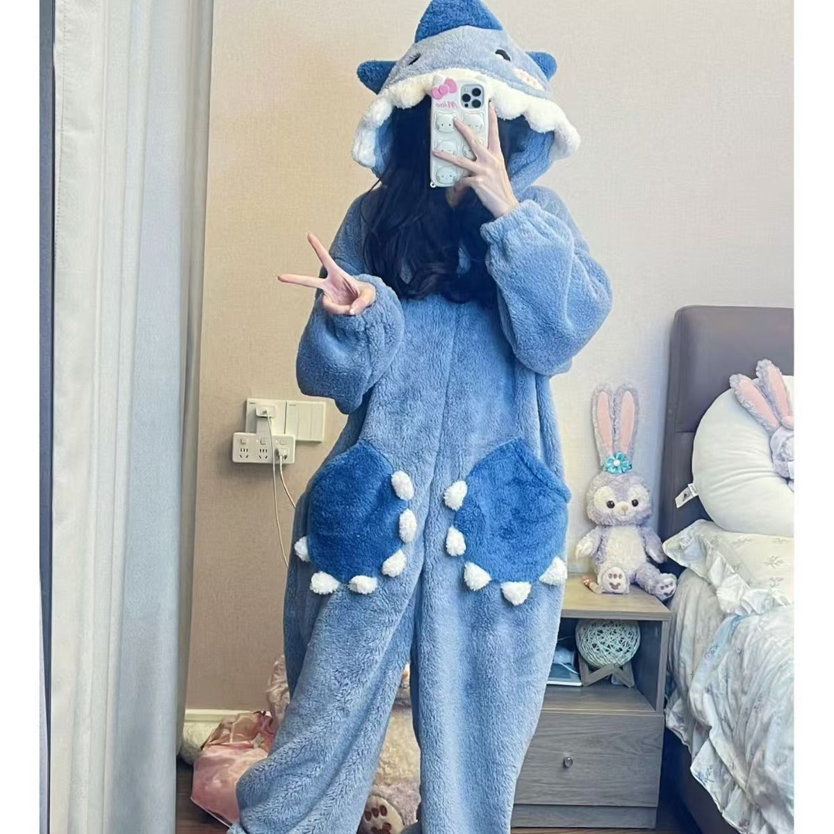 Sweet Cute Shark Hooded Coral Velvet Pajamas, Fleece Lined Padded