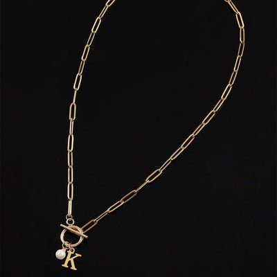 English Letter Necklace Stainless Steel, Clip Chain Imitation Pearl Pendant