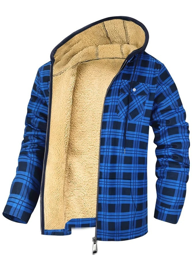 Men's Plaid Print Hooded Zip-Up Cotton-padded Winter Jacket