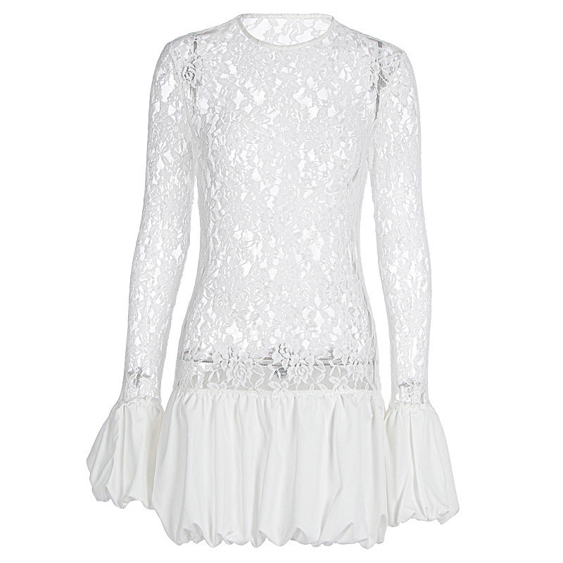 Women's Fashion Long Sleeve See-through Lace Dress