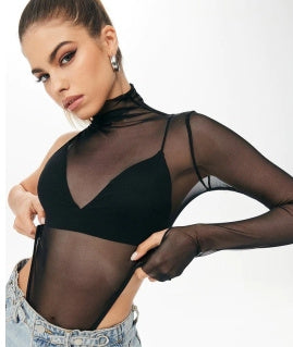 Women's Sheer Long Sleeve One-shoulder Top