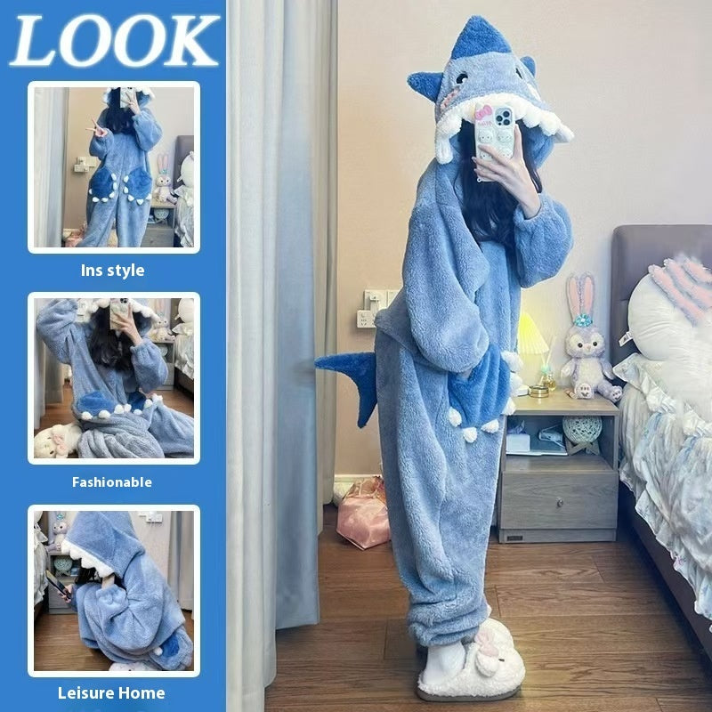 Sweet Cute Shark Hooded Coral Velvet Pajamas, Fleece Lined Padded