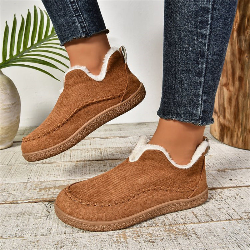 Fashion V-cut Plush Ankle Boots Casual Warm Solid Suede Cotton