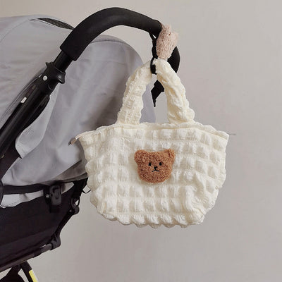 Plush Three-dimensional Teddy Bear Head Puffer Plaid Handbag