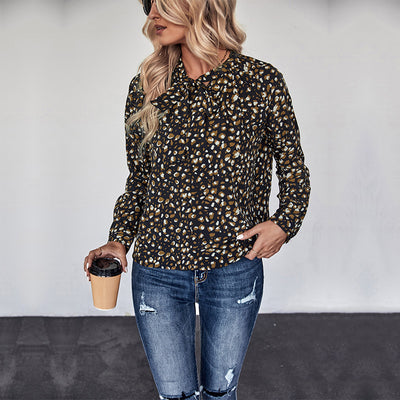 Shirt Pullover Long Sleeve Bow Collar Printed