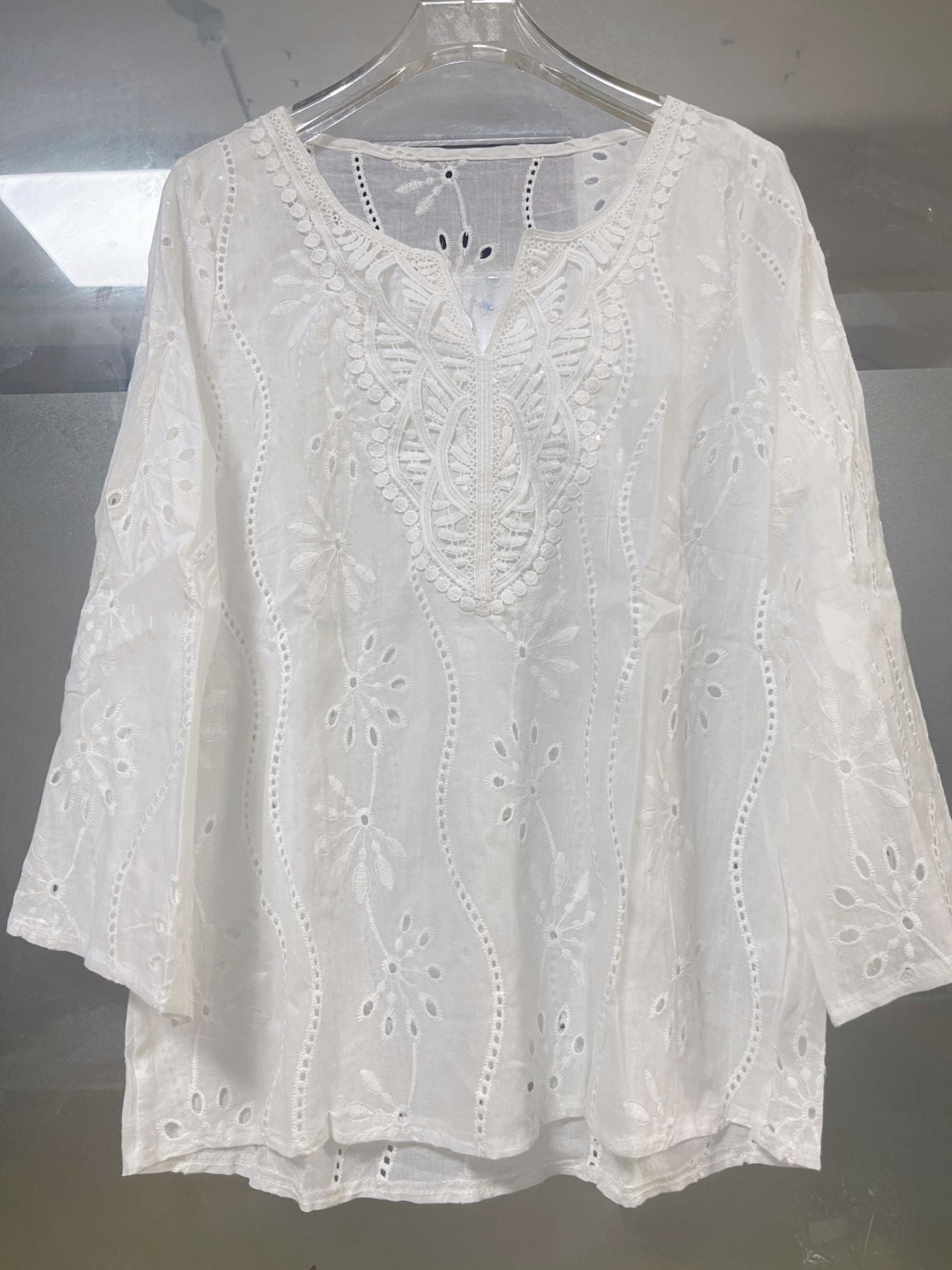 Loose V-Neck Embroidered Lace Top with Bell Sleeves