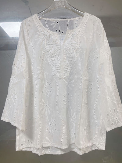 Loose V-Neck Embroidered Lace Top with Bell Sleeves