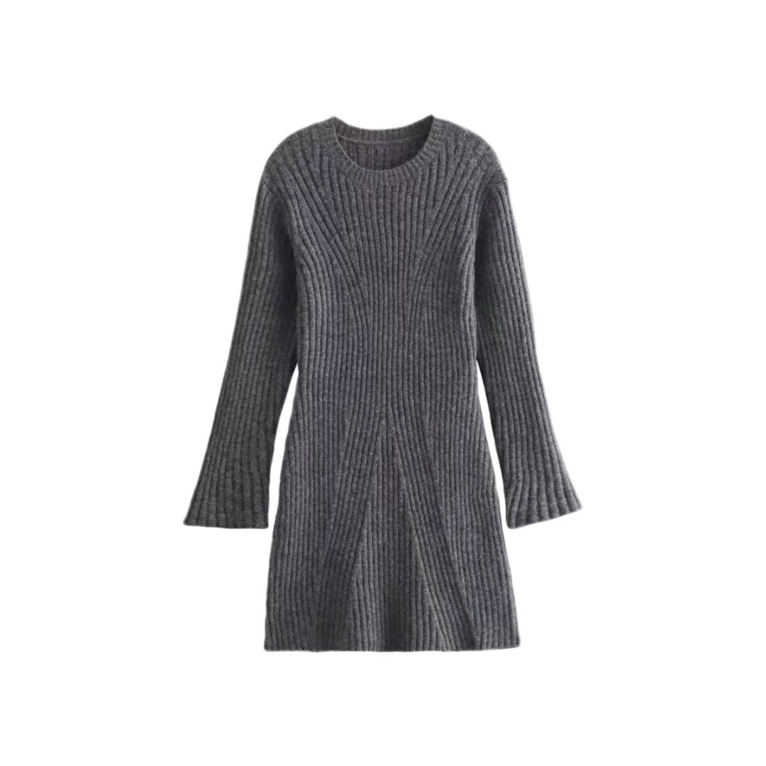 Solid Ribbed Knitted Dress Slim-fit Stand-up Collar A-line