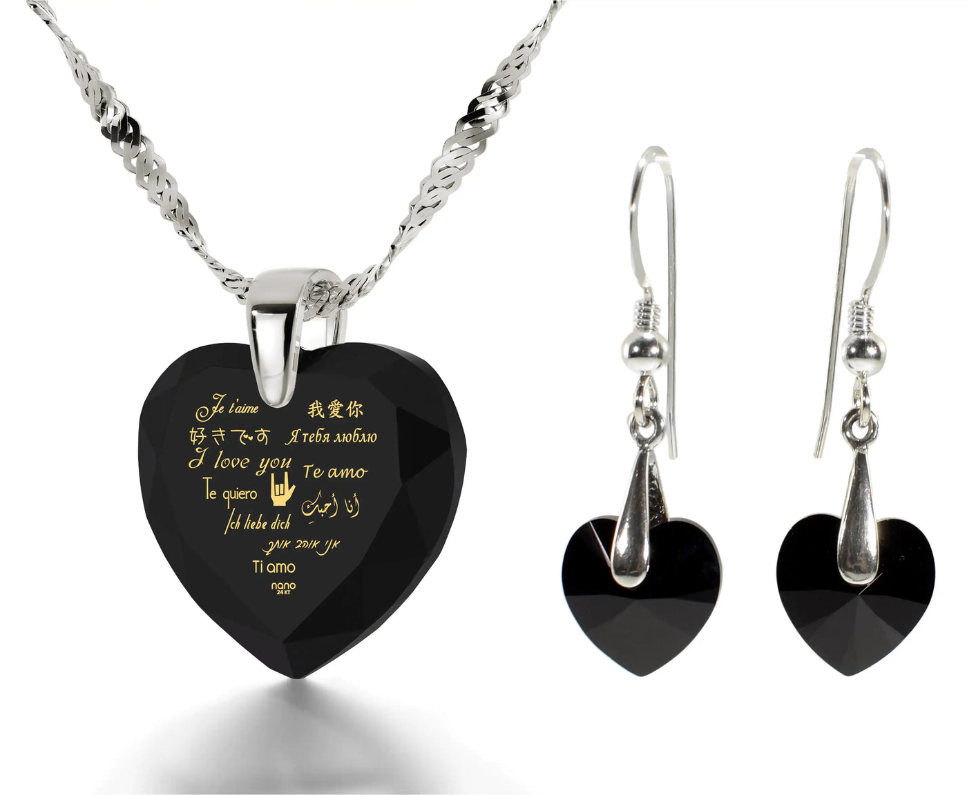 Silver I Love You Necklace and Crystal Earrings Heart Jewelry Set