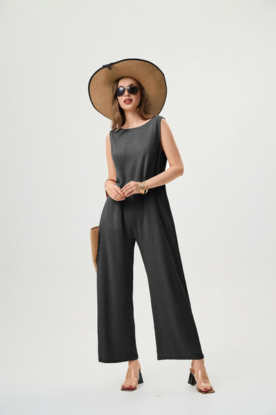 Women's Linen Jumpsuit - Comfortable And Breathable, Elastic Back With Classic H-Line Design And Pockets