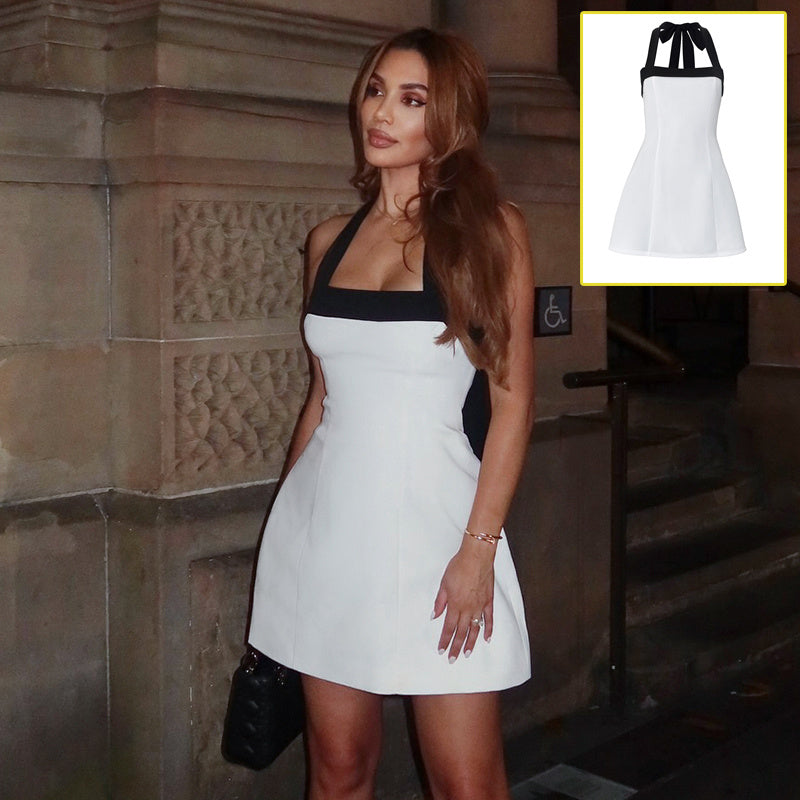 Sexy Black Halter Off Shoulder White Mini Dress