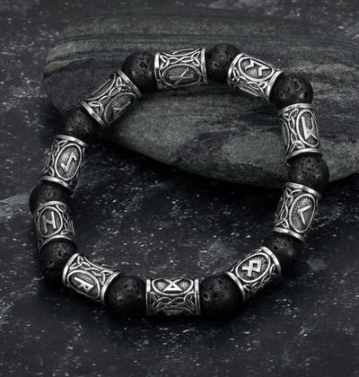 Asgard Crafted Silver Rune and Black Lava Stone Bracelet