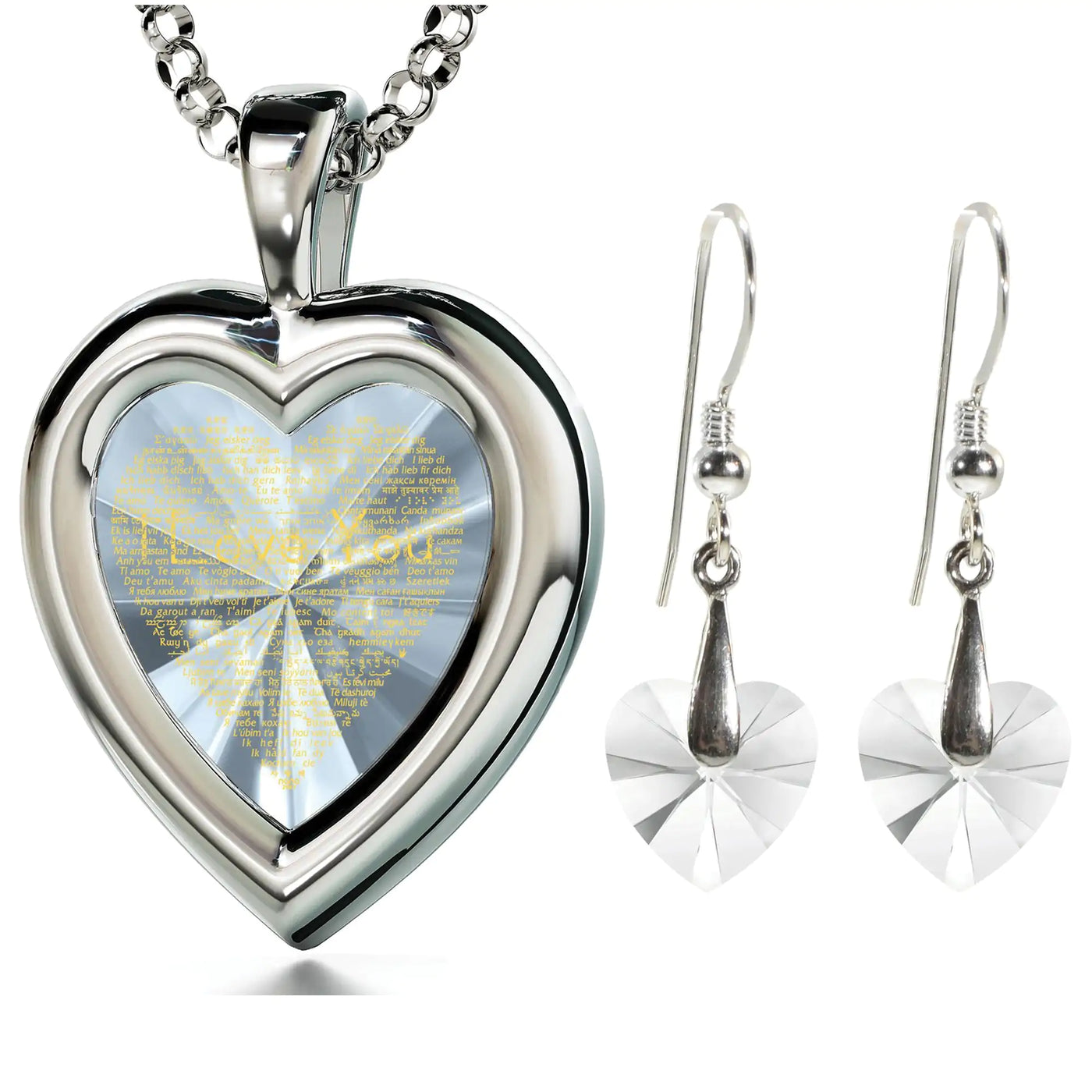 925 Silver Heart Jewelry Set I Love You Necklace and Crystal Earrings