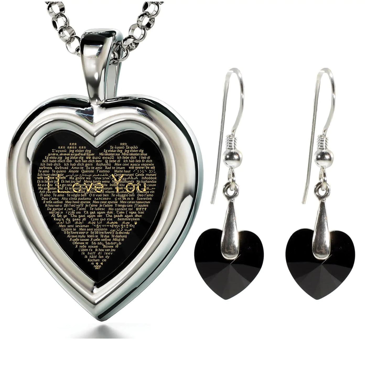 925 Silver Heart Jewelry Set I Love You Necklace and Crystal Earrings