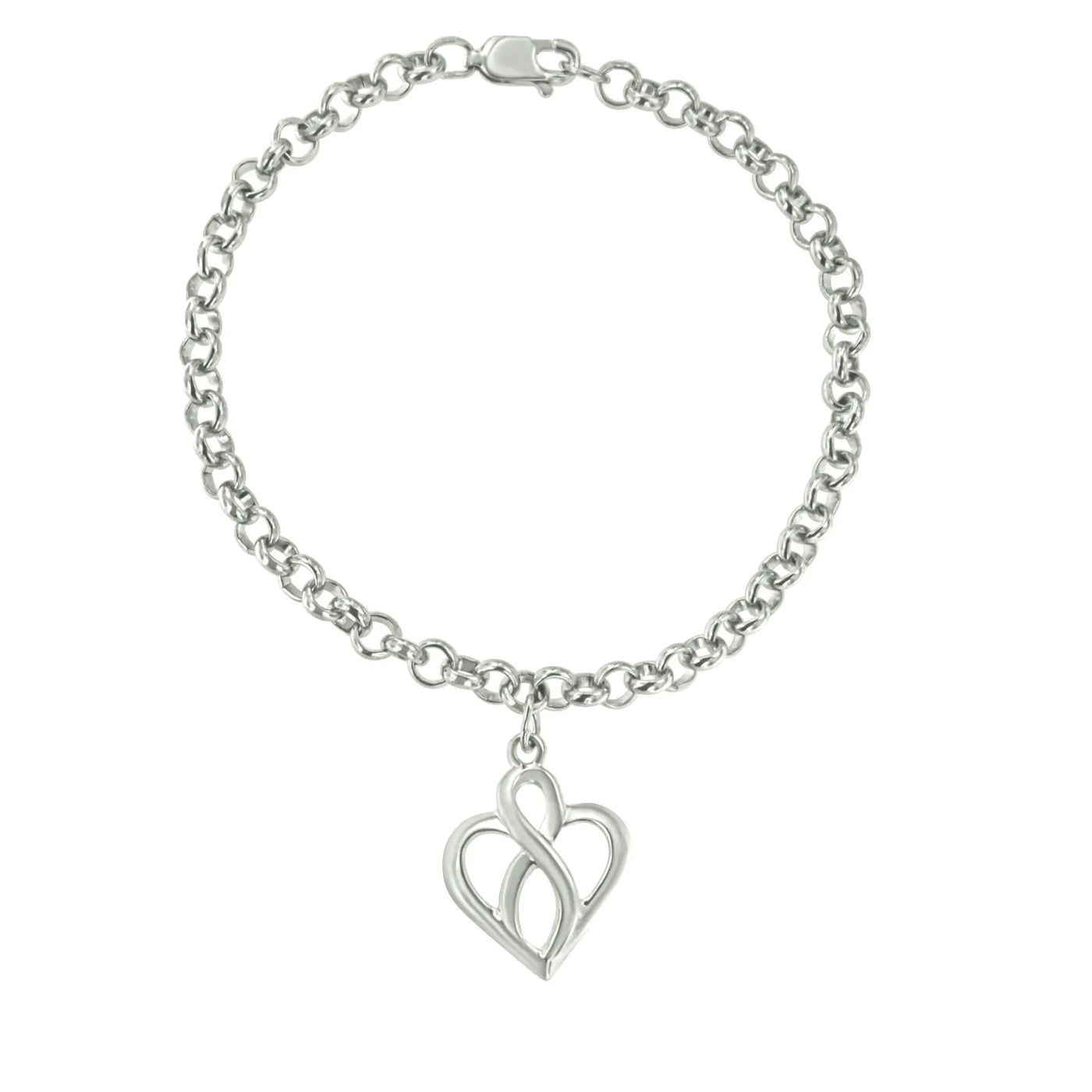 Open Heart with Center Vertical Infinity Chain Charm .925 Sterling Silver Bracelet - Size 7"