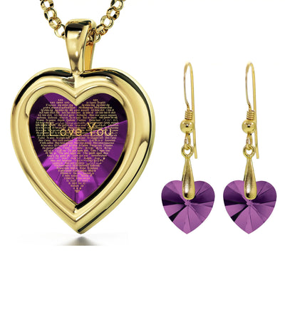 Gold Plated Silver Heart Jewelry Set Necklace and Crystal Earrings