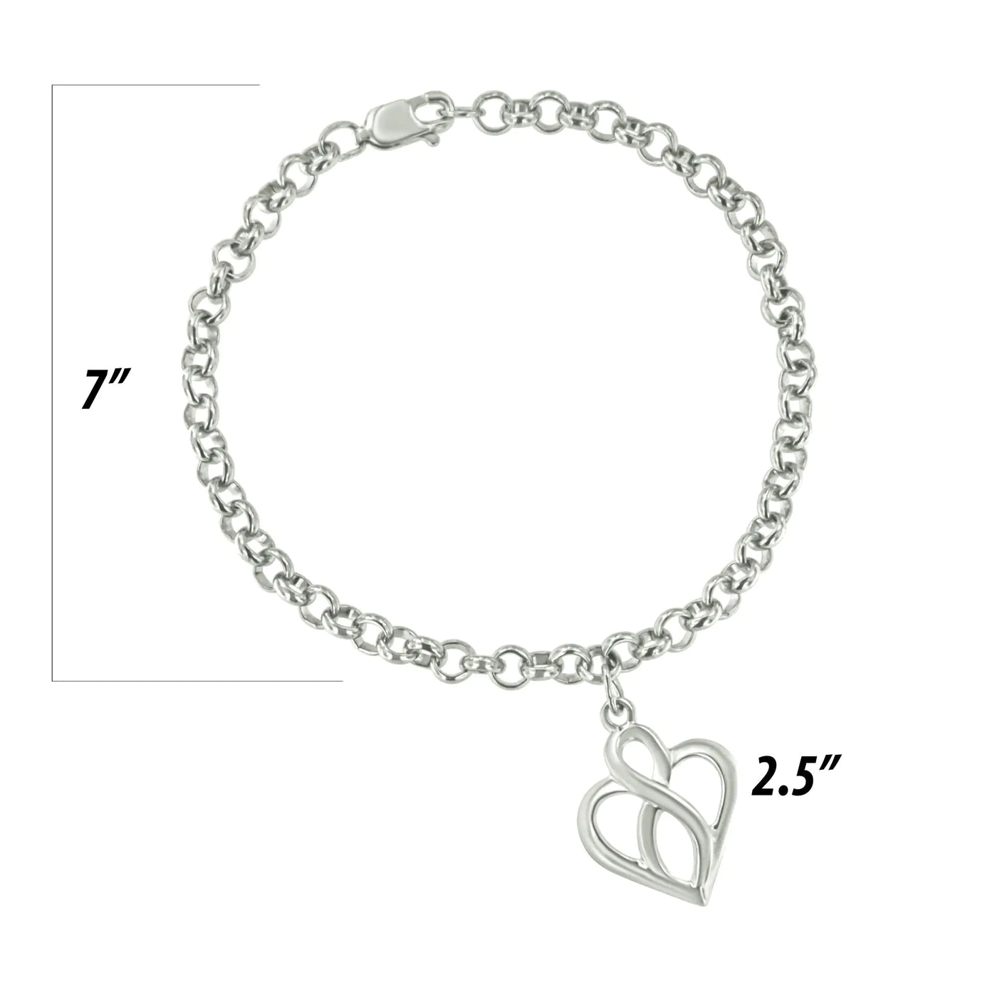 Open Heart with Center Vertical Infinity Chain Charm .925 Sterling Silver Bracelet - Size 7"