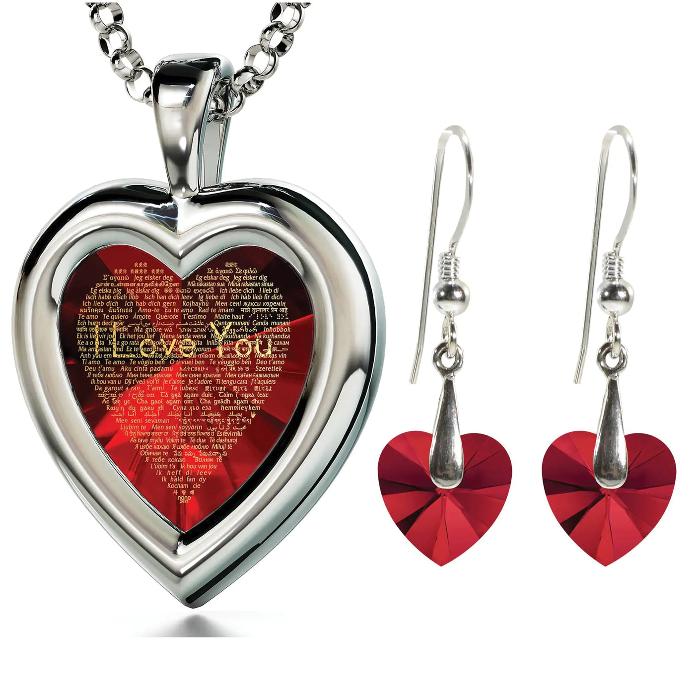 925 Silver Heart Jewelry Set I Love You Necklace and Crystal Earrings