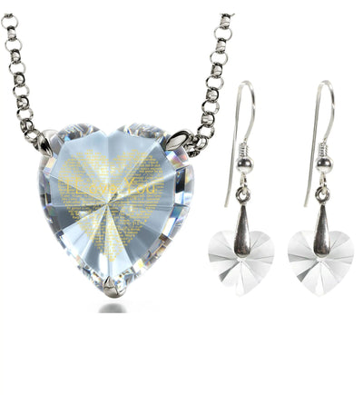 925 Silver Heart Jewelry Set Necklace and Crystal Earrings