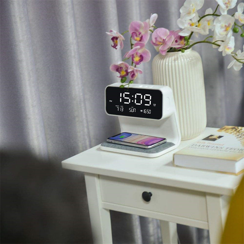 Creative 3-in-1 Bedside Lamp, Wireless Phone Charger, LCD Screen Alarm Clock