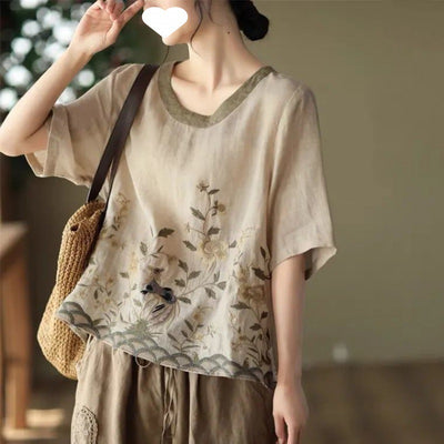 Art Retro Embroidery Round Neck Pullover