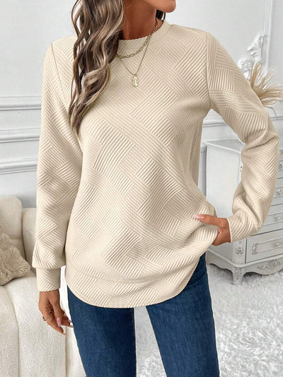 SHEIN LUNE Women's Basic Waffle Texture Round Neck Asymmetrical Hem Casual Comfortable Sweatshirt