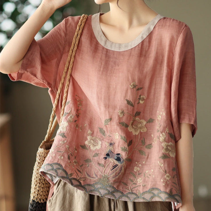 Art Retro Embroidery Round Neck Pullover