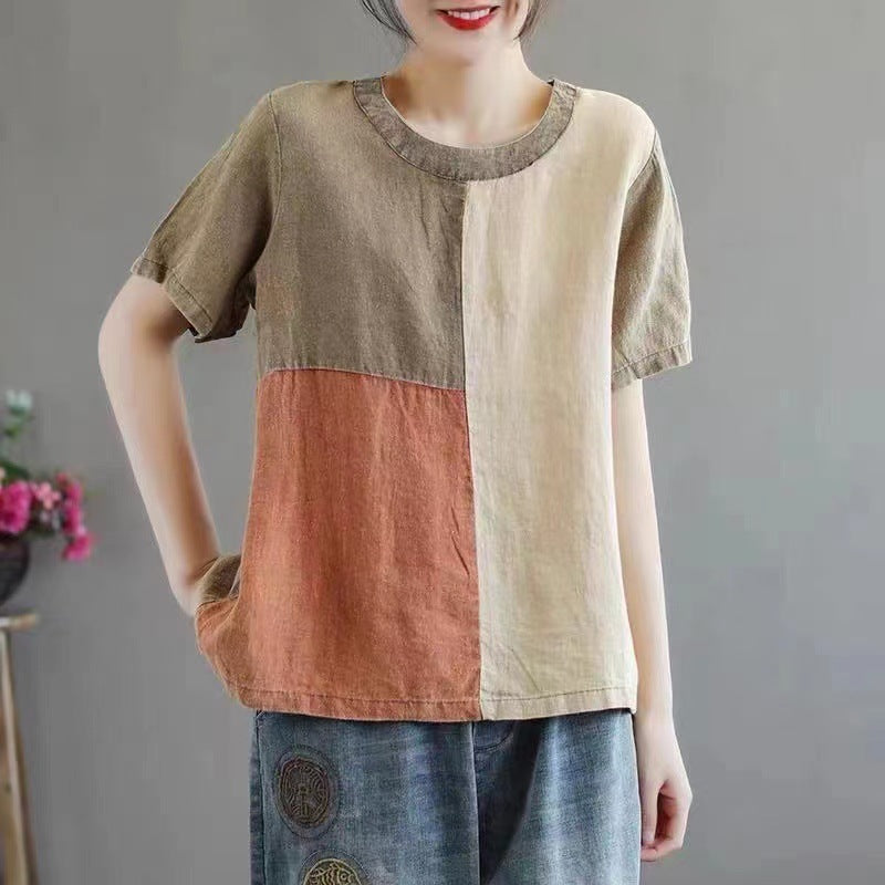 Cotton Linen Contrast Color T-shirt Artistic Design