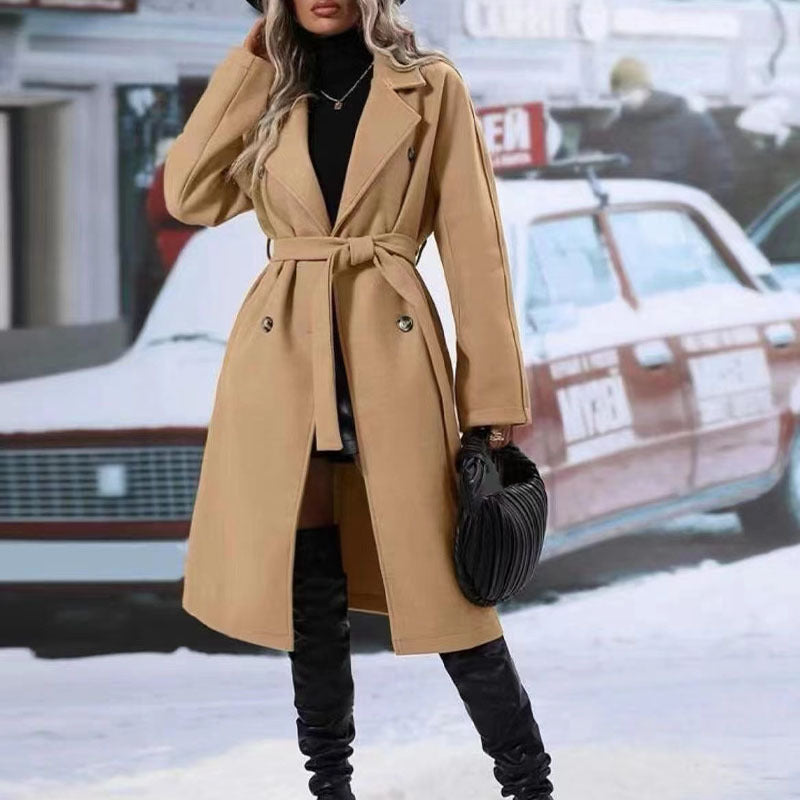 Lapel Double-breasted Trench Coat with Belt