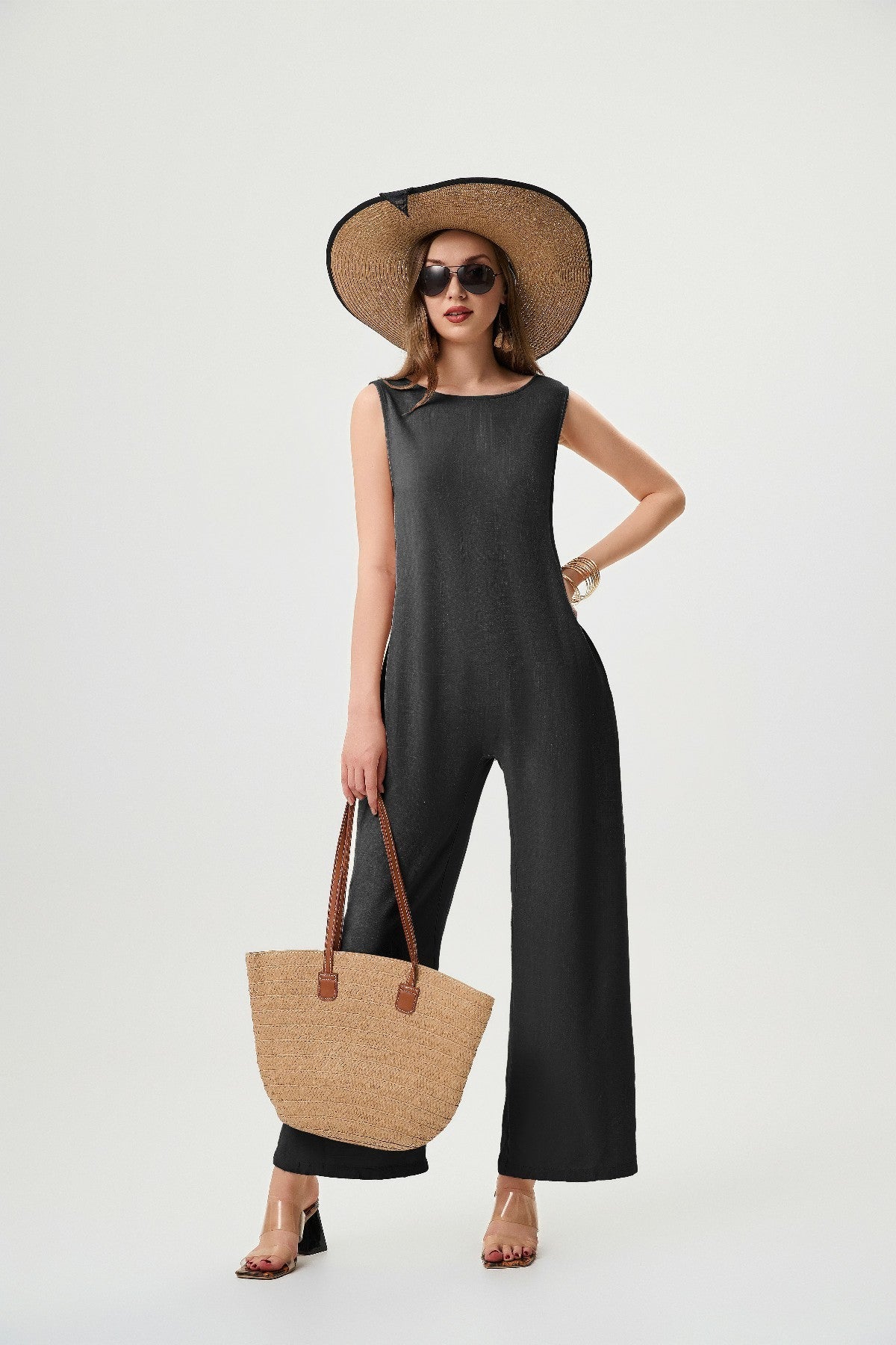 Women's Linen Jumpsuit - Comfortable And Breathable, Elastic Back With Classic H-Line Design And Pockets