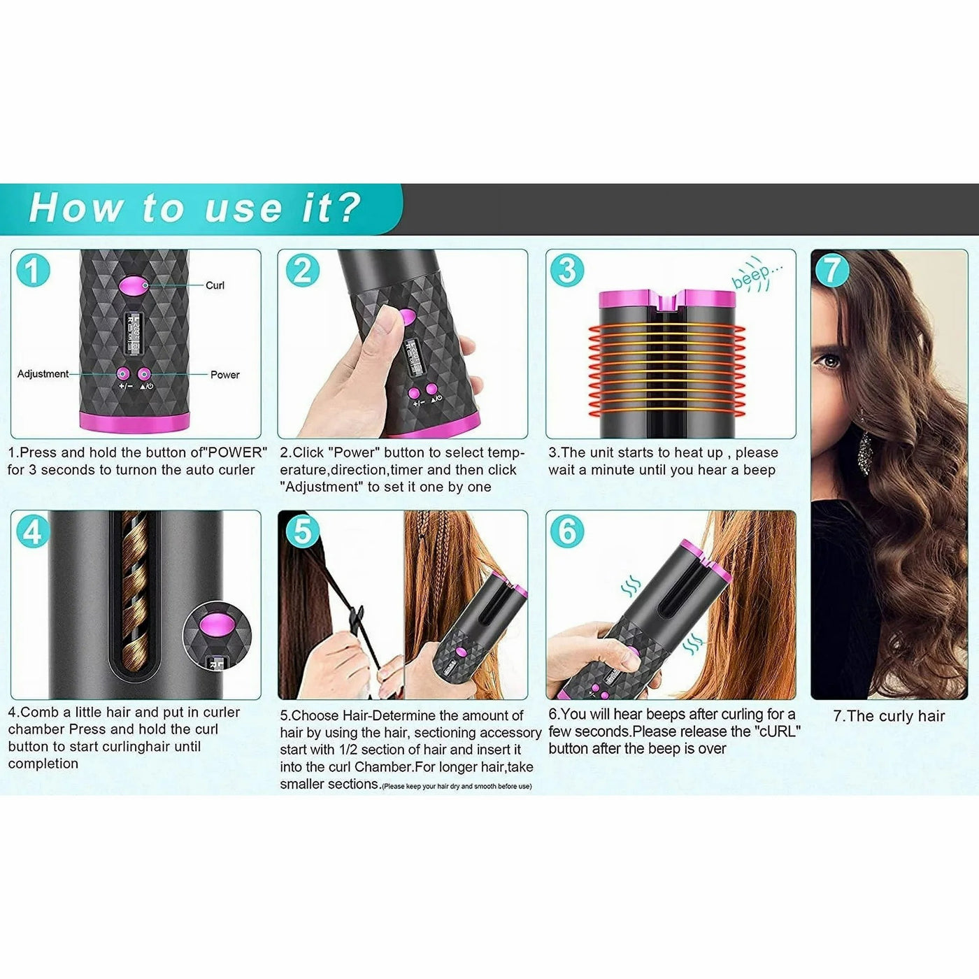 Portable Automatic Hair Curler, Ceramic Rotating Wireless Auto Curling Iron Wand