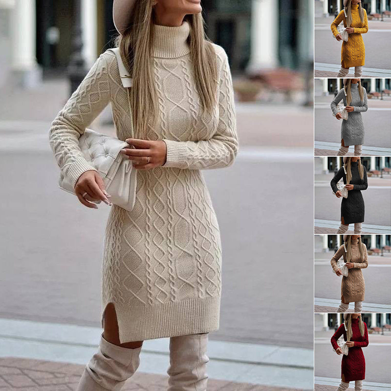 Fashion Turtleneck Knitted Dress with Slit Design