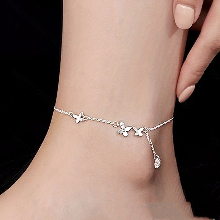 S925 Sterling Silver Butterfly Zircon Anklet Flower Tassel