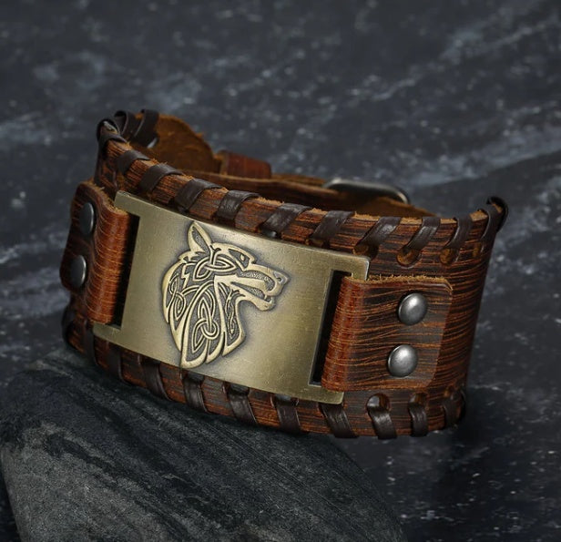 Asgard Crafted Leather Buckle Arm Cuff with Fenrir Design