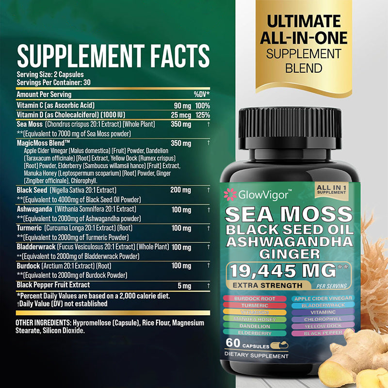 Sea Moss 7000mg Black Seed Oil 4000mg Ashwagandha 2000mg Turmeric 2000mg Bladderwrack 2000mg Burdock 2000mg & Ginger Vitamin C Vitamin D3