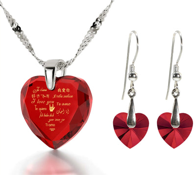 Silver I Love You Necklace and Crystal Earrings Heart Jewelry Set