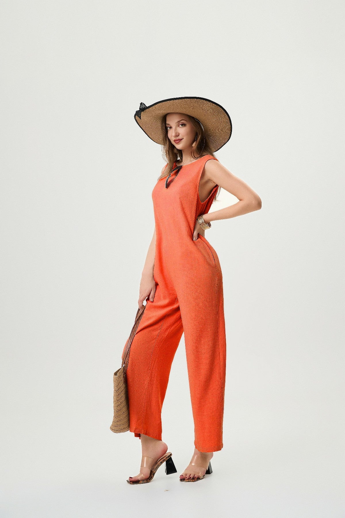 Women's Linen Jumpsuit - Comfortable And Breathable, Elastic Back With Classic H-Line Design And Pockets