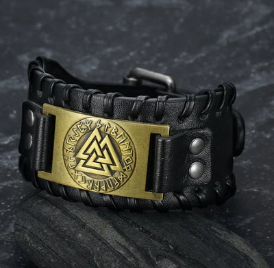 Nordic Viking Totem Triangle Energy Men's Leather Bracelet