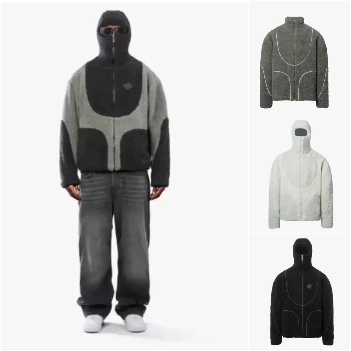 Men's Fashion Lambs Wool Hooded Zipper Sweatshirt Patchwork Line Design