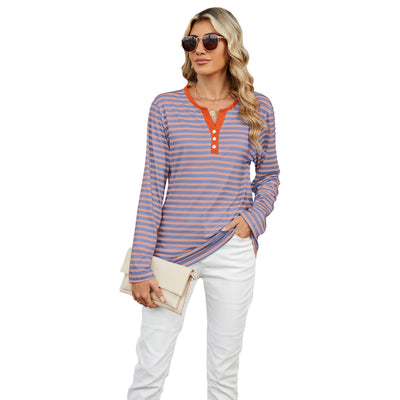 Women's V-neck Striped Loose Long-sleeved T-shirt